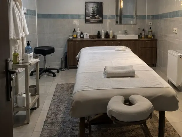 Lavabolu, raflı odada hazır masaj masası — Emin Sinan, Masaj Salonun